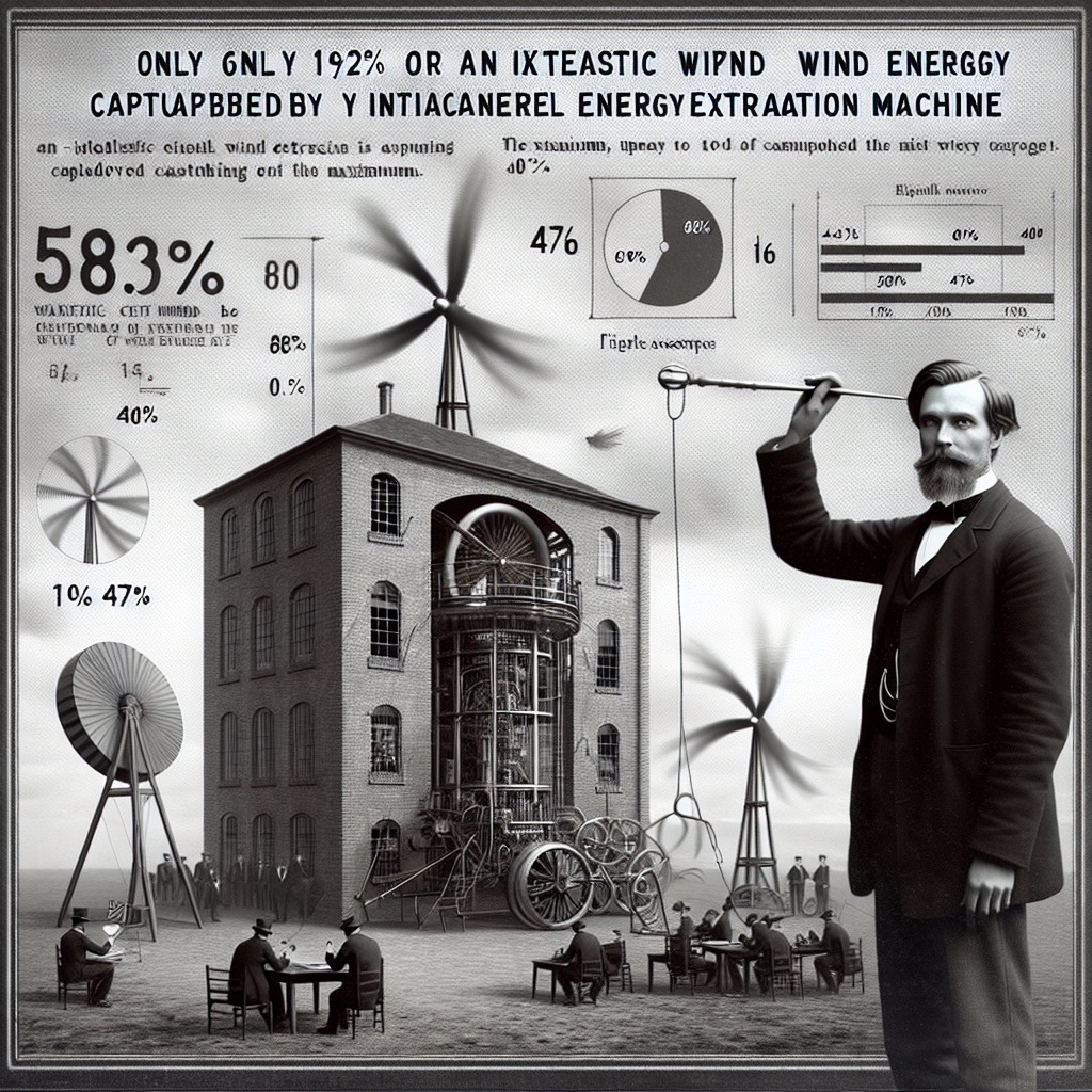 In 1919, German physicist Albert Betz demonstrated that the maximum amount of kinetic wind energy that could be captured by an ideal wind-energy extraction machine was 16/27 (59.3%). Today’s modern turbines can capture up to 80% of this maximum, approximately 47%. For general calculations, it is typically assumed that 40% of the kinetic wind energy can be captured.