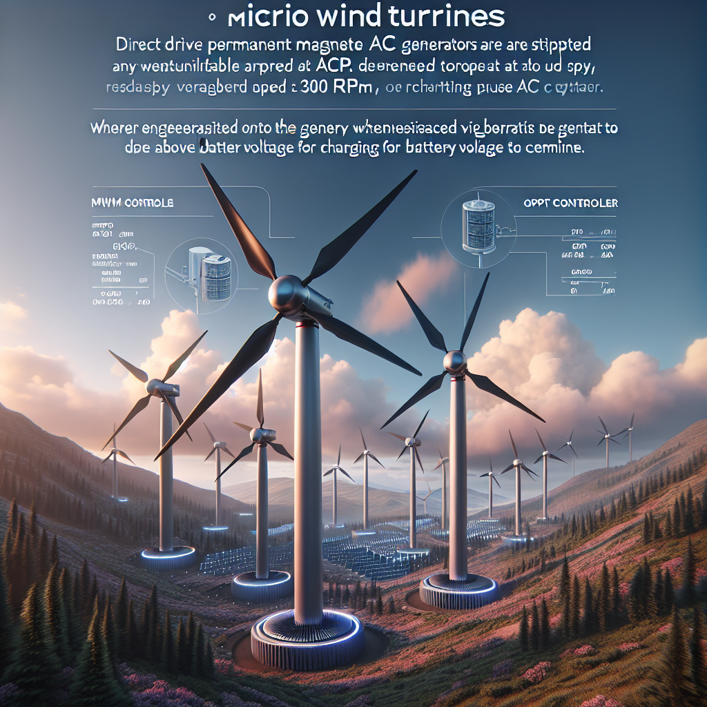 Micro wind turbines do not have the luxury of add-ons like variable gearboxes or rotors. Instead, they use direct drive permanent magnet AC generators designed to rotate at 300 rpm at rated power speed and supply 3-phase AC power. Solar now utilizes MPPT controllers that are better suited to the variable output characteristics of wind turbines. Previously, PWM was used, but it required the generator to be turning fast enough to generate voltage above battery voltage before it could start charging.